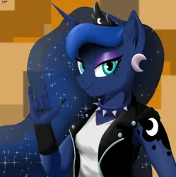 Size: 2153x2160 | Tagged: safe, artist:leddaq, derpibooru import, princess luna, anthro, bracer, clothes, collar, devil horn (gesture), ear piercing, earring, image, jewelry, leather, leather vest, looking at you, piercing, png, smiling, solo, spiked collar, vest