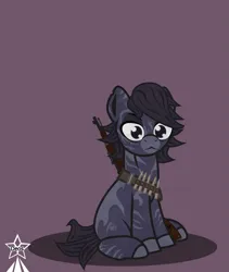 Size: 4245x5021 | Tagged: safe, artist:devorierdeos, derpibooru import, oc, oc:shiro, hybrid, pony, zony, fallout equestria, bust, cartridge belt, gun, image, mosin, mosin nagant, png, rifle cartridges, shy, simple background, weapon, zony oc