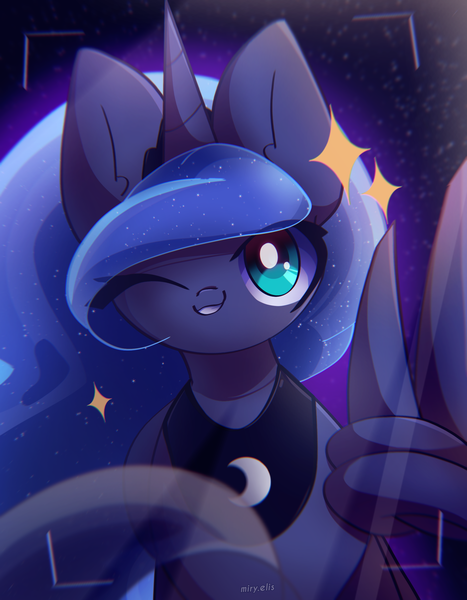 Size: 2100x2700 | Tagged: safe, artist:miryelis, derpibooru import, princess luna, alicorn, pony, big eyes, cute, female, horn, image, long hair, mare, png, smiling, solo, sparkles, wings