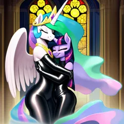 Size: 1076x1076 | Tagged: suggestive, ai content, derpibooru import, machine learning generated, stable diffusion, princess celestia, twilight sparkle, alicorn, anthro, unicorn, clothes, cuddling, eyes closed, female, generator:purplesmart.ai, gloves, hug, image, jpeg, latex, latex gloves, latex suit, lesbian, ship:twilestia, shipping, size difference, skintight clothes, smiling, stained glass, temple, wings