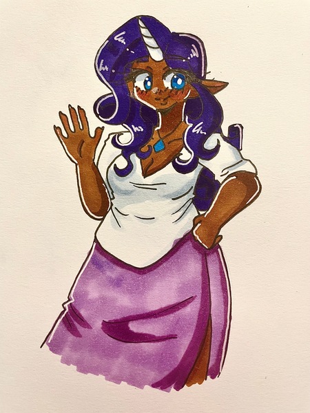 Size: 3024x4032 | Tagged: safe, artist:mylittleyuri, derpibooru import, rarity, human, blushing, clothes, cute, dark skin, elf ears, female, horn, horned humanization, humanized, image, jewelry, jpeg, marker drawing, necklace, raribetes, shirt, skirt, solo, traditional art, waving