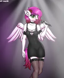 Size: 2470x3000 | Tagged: safe, artist:maxiclouds, derpibooru import, oc, oc:ellie berryheart, unofficial characters only, anthro, pegasus, big breasts, black dress, black eyeshadow, blushing, bracelet, breasts, clothes, dress, ear fluff, embarrassed, eyeshadow, female, flower, flower in hair, green eyes, image, jewelry, makeup, microphone, png, singing, socks, solo, stockings, tail, thigh highs, wings