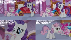 Size: 2000x1125 | Tagged: safe, derpibooru import, edit, edited screencap, editor:quoterific, screencap, rarity, sweetie belle, for whom the sweetie belle toils, bed, carousel boutique, clothes, costume, dress, image, png