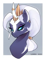 Size: 1520x2037 | Tagged: safe, artist:lummh, derpibooru import, oc, oc:selendis, unofficial characters only, pony, unicorn, crown, ear piercing, earring, female, glow, glowing eyes, gray background, horn, horn ring, image, jewelry, jpeg, magicorn, piercing, regalia, ring, simple background, solo, unicorn oc