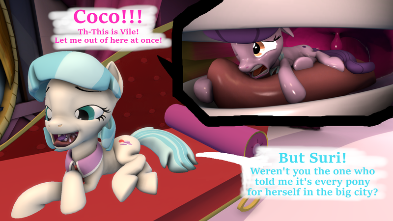 Size: 1920x1080 | Tagged: suggestive, artist:~stuffguy123, derpibooru import, coco pommel, suri polomare, earth pony, pony, butt, drool, drool string, esophagus, female, fetish, image, internal, karma, mare, mare pred, mare prey, mawshot, micro, open mouth, oral invitation, png, saliva puddle, salivating, slimy, smug, speech bubble, taste buds, teeth, text, tongue out, tongue play, uvula, vore