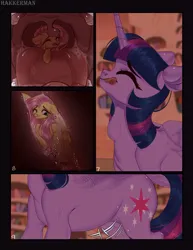 Size: 986x1280 | Tagged: suggestive, artist:hakkerman, derpibooru import, part of a set, fluttershy, twilight sparkle, twilight sparkle (alicorn), alicorn, pegasus, comic, flutterprey, horn, image, internal, jpeg, licking, licking lips, micro, muscles, oral vore, size difference, slim, swallowing, thin, throat, throat bulge, tongue out, twipred, unwilling prey, unwilling vore, uvula, vore, wings
