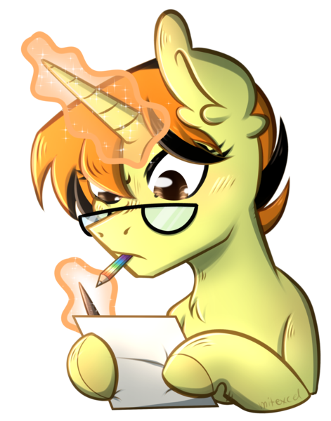 Size: 2356x3000 | Tagged: safe, artist:mitexcel, derpibooru import, oc, oc:merille artienda, unofficial characters only, pony, unicorn, brown eyes, drawing, glasses, image, magic, nonbinary, orange mane, png, short mane, solo, yellow coat