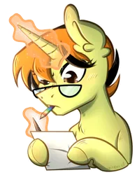 Size: 2356x3000 | Tagged: safe, artist:mitexcel, derpibooru import, oc, oc:merille artienda, unofficial characters only, pony, unicorn, brown eyes, drawing, glasses, image, magic, nonbinary, orange mane, png, short mane, solo, yellow coat