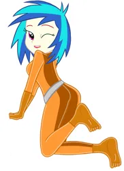 Size: 1749x2397 | Tagged: safe, derpibooru import, vinyl scratch, human, equestria girls, base used, butt, catsuit, image, latex, latex suit, looking at you, one eye closed, png, simple background, solo, totally spies, white background