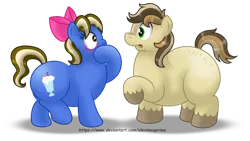Size: 1189x672 | Tagged: safe, artist:aleximusprime, derpibooru import, oc, oc:place holder, oc:sundae shake, unofficial characters only, earth pony, pony, blank flank, blushing, bow, commission, duo, duo male and female, fat, female, freckles, hair bow, hoof over mouth, image, looking at each other, looking at someone, male, mare, oc x oc, open mouth, png, raised hoof, shipping, simple background, stallion, straight, transparent background, unshorn fetlocks