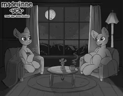 Size: 3492x2743 | Tagged: safe, artist:madelinne, derpibooru import, black and white, blanket, commission, cup, grayscale, image, lamp, monochrome, moon, night, png, sitting, sketch, sky, stars, table, teacup, window, your character here