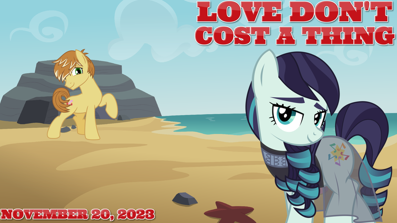 Size: 2063x1160 | Tagged: safe, artist:cheezedoodle96, artist:jhayarr23, derpibooru import, coloratura, feather bangs, earth pony, pony, 2023, beach, colorabangs, female, image, jennifer lopez, lyrics in the description, male, mare, november, ocean, png, shipping, smiling, song in the description, song reference, stallion, straight, water, youtube link in the description