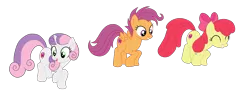 Size: 6000x2154 | Tagged: safe, artist:gmaplay, derpibooru import, apple bloom, scootaloo, sweetie belle, earth pony, pegasus, pony, unicorn, growing up is hard to do, adorabloom, apple bloom's bow, bow, cute, cutealoo, diasweetes, hair bow, image, older, older apple bloom, older scootaloo, png, simple background, transparent background