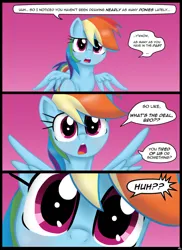 Size: 1280x1761 | Tagged: safe, artist:lennondash, derpibooru import, rainbow dash, pegasus, pony, breaking the fourth wall, close-up, comic, extreme close up, female, image, jpeg, looking at you, mare, open mouth, pink background, simple background, solo, speech bubble, spread wings, talking to the artist, talking to viewer, wings