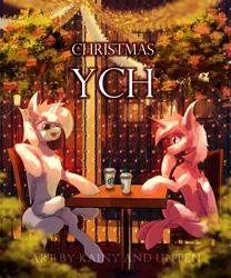 Size: 2962x3560 | Tagged: safe, artist:kainy, artist:unten, derpibooru import, oc, unofficial characters only, alicorn, pegasus, pony, unicorn, belly, big ears, cafe, chair, chest fluff, christmas, colored, commission, concave belly, crossed legs, duo, female, folded wings, holiday, image, jpeg, lighting, looking at each other, looking at someone, male, mare, open mouth, sitting, sketch, slim, stallion, starbucks, table, thin, wings, ych sketch, your character here