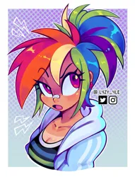 Size: 1245x1627 | Tagged: safe, artist:l4zy_4le, derpibooru import, rainbow dash, human, alternate hairstyle, bandaid, bandaid on nose, border, breasts, bust, cleavage, clothes, eye clipping through hair, female, hoodie, humanized, image, jpeg, looking back, open mouth, ponytail, solo, tan skin