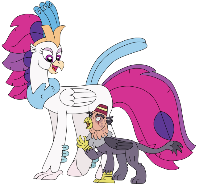 Size: 2528x2350 | Tagged: safe, artist:supahdonarudo, derpibooru import, grampa gruff, queen novo, classical hippogriff, gryphon, hippogriff, my little pony: the movie, hat, image, looking at each other, looking at someone, png, scar, simple background, transparent background, walking