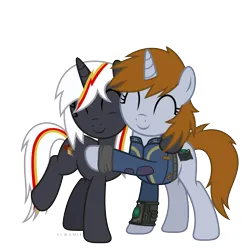 Size: 6000x6000 | Tagged: safe, artist:suramii, derpibooru import, oc, oc:littlepip, oc:velvet remedy, pony, fallout equestria, absurd resolution, clothes, hug, image, jumpsuit, png, simple background, transparent background, vault suit