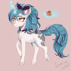 Size: 1500x1500 | Tagged: safe, alternate version, artist:hysteriana, derpibooru import, oc, oc:evening lake, unofficial characters only, pony, unicorn, amber eyes, apple, blank flank, blue mane, bow, chest fluff, choker, collar, cute, digital art, ear fluff, eyebrows, female, food, full body, hair bow, hooves, horn, image, levitation, light skin, long tail, looking up, magic, magic aura, orange eyes, pink background, png, ponytail, signature, simple background, smiling, solo, spots, spotted, tail, telekinesis, unshorn fetlocks