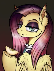 Size: 1300x1700 | Tagged: safe, artist:jehr, derpibooru import, fluttershy, pegasus, pony, undead, vampire, fake it 'til you make it, apple, apple slice, clothes, commission, ear piercing, earring, eyebrows, eyeshadow, fangs, female, fluttergoth, food, goth, halloween, holding hooves, holiday, image, jewelry, lidded eyes, lineart, looking at you, makeup, mare, pendant, piercing, pink hair, pink mane, png, simple background, solo, underhoof, wings