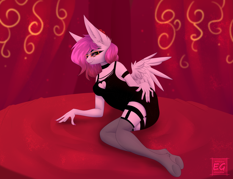 Size: 2240x1716 | Tagged: safe, artist:elektra-gertly, derpibooru import, oc, oc:ellie berryheart, unofficial characters only, anthro, pegasus, ass, bed, bedroom, black dress, bracelet, butt, clothes, dress, erotica, eyeshadow, flower, flower in hair, glasses, image, jewelry, lipstick, long ears, long eyelashes, looking at you, makeup, manicure, pink lipstick, png, purple eyeshadow, red background, romantic, simple background, smiling, smiling at you, socks, solo, stockings, thigh highs, wings