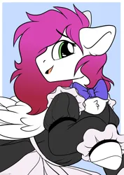 Size: 2150x3035 | Tagged: safe, artist:mariashek, derpibooru import, oc, oc:ellie berryheart, unofficial characters only, pegasus, pony, apron, bowtie, clothes, g4, green eyes, happy, housewife, image, looking at you, maid, png, solo, wings