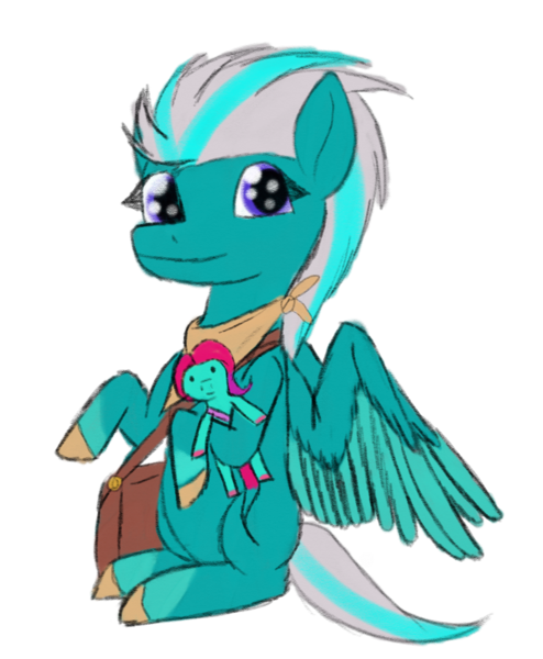 Size: 1152x1400 | Tagged: safe, anonymous artist, derpibooru import, oc, oc:zephyr hooves, earth pony, pegasus, pony, derpibooru community collaboration, g5, 2024 community collab, bag, bandana, clothes, female, image, jazz hooves, looking at you, mare, pegasus oc, plushie, png, scarf, shoulder bag, solo, toy, wings
