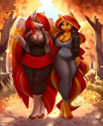 Size: 2700x3313 | Tagged: suggestive, artist:lightly-san, derpibooru import, sunset shimmer, oc, oc:diamond sun, anthro, pegasus, unguligrade anthro, unicorn, big breasts, breasts, busty oc, busty sunset shimmer, cleavage, clothes, colored wings, commission, female, gesture, image, looking at each other, looking at someone, pants, png, talking, tight clothing, unshorn fetlocks, wide hips, wings