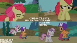 Size: 2000x1125 | Tagged: safe, derpibooru import, edit, edited screencap, editor:quoterific, screencap, apple bloom, scootaloo, sweetie belle, earth pony, pegasus, pony, unicorn, the cutie pox, bipedal, cutie mark crusaders, female, filly, foal, helmet, image, png, scootaloo is not amused, scooter, sweetiedumb, unamused