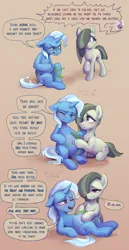 Size: 1736x3352 | Tagged: suggestive, artist:apony-in-lavash, derpibooru import, marble pie, trixie, earth pony, pony, unicorn, belly, bellyrubs, big belly, bloated, blushing, comforting, comic, derpibooru exclusive, duo, female, hoof on belly, image, inconvenient trixie, indigestion, lesbian, mare, not pregnant, offscreen character, png, reality ensues, regret, scrunchy face, ship:marbixie, shipping, speech bubble, stomach ache, stomach noise, text, this will end in diarrhea, tummy ache