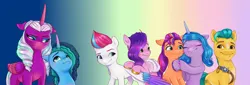 Size: 3052x1043 | Tagged: safe, artist:mrricharz, derpibooru import, hitch trailblazer, izzy moonbow, pipp petals, sunny starscout, zipp storm, alicorn, earth pony, pegasus, pony, unicorn, g5, best friends, blushing, bracelet, colored wings, confused, derpibooru exclusive, diadem, digital art, eyebrows, eyes closed, eyeshadow, female, folded wings, frown, gradient background, group, hug, image, jewelry, looking at each other, looking at someone, makeup, male, mare, misty brightdawn, multicolored wings, one wing out, opaline arcana, png, regalia, septet, smiling, stallion, wings