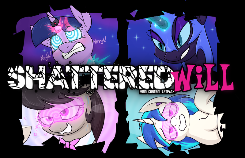 Size: 2544x1639 | Tagged: semi-grimdark, artist:moonatik, derpibooru import, nightmare moon, octavia melody, twilight sparkle, vinyl scratch, alicorn, earth pony, pony, unicorn, art pack:shattered will, advertisement, art pack, bowtie, cropped porn, eyeshadow, female, gritted teeth, hypnogoggles, hypnosis, hypnotized, image, lying down, magic, magic suppression, makeup, mare, mind control, on back, png, teeth