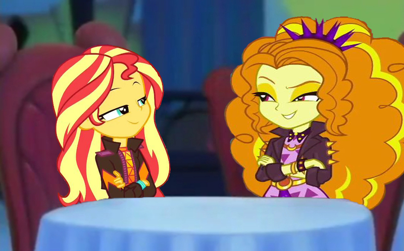 Size: 1122x698 | Tagged: safe, artist:ktd1993, derpibooru import, adagio dazzle, sunset shimmer, equestria girls, female, house of mouse, image, jpeg, lesbian, ship:sunsagio, shipping