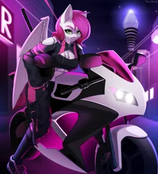 Size: 1964x2160 | Tagged: safe, artist:villjulie, derpibooru import, oc, oc:ellie berryheart, unofficial characters only, anthro, pegasus, anthro oc, big breasts, biker, breasts, busty oc, city, clothes, costume, cyberpunk, ear fluff, eyebrows, female, folded wings, future, green eyes, helmet, high res, image, jpeg, katana, looking at you, motorbike, motorcycle, neon, night, pegasus oc, purple, signature, smiling, smiling at you, solo, sword, weapon, wings