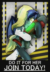 Size: 1405x2048 | Tagged: safe, artist:chaosmauser, derpibooru import, oc, oc:harlequin, unofficial characters only, bat pony, pony, female, image, jpeg, lying down, mare, plasma gun, recruitment poster, solo, warhammer (game), warhammer 40k