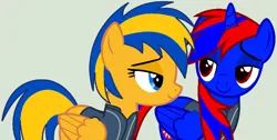Size: 1349x681 | Tagged: safe, artist:stephen-fisher, derpibooru import, oc, oc:flare spark, oc:stephen (stephen-fisher), unofficial characters only, alicorn, pegasus, pony, fallout equestria, alicorn oc, clothes, fallout, fallout 4, female, horn, image, jumpsuit, male, pegasus oc, png, simple background, suit, vault suit, wings