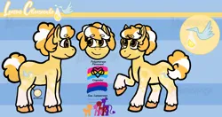 Size: 5260x2769 | Tagged: safe, artist:manticorpse, derpibooru import, oc, oc:lemon cheesecake, earth pony, pony, backstory, brown eyes, character design, curly hair, curly mane, curly tail, cutie mark, earth pony oc, female, headband, image, mare, orange mane, pansexual pride flag, png, polyamory, pride, pride flag, reference sheet, solo, spots, spotted, striped mane, tail, unshorn fetlocks, yellow coat
