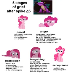 Size: 5728x5896 | Tagged: safe, derpibooru import, pinkie pie, spike, dragon, pony, g5, my little pony: make your mark, my little pony: tell your tale, 5 stages of grief, acceptance, angry, bargaining, denial, depressed, g4, grief, image, meme, png, sad, smiling