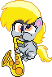 Size: 640x940 | Tagged: safe, artist:chssam, derpibooru import, derpy hooves, pegasus, pony, my little pony: pony life, cute, derpabetes, female, image, manepxls, mare, musical instrument, pixel art, png, puffy cheeks, pxls.space, saxophone, simple background, solo, transparent background