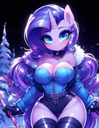 Size: 758x970 | Tagged: prompter needed, suggestive, ai content, derpibooru import, machine learning generated, rarity, anthro, belt, big breasts, blushing, bow, breasts, busty rarity, butt, candy, candy cane, choker, cleavage, clothes, food, fur, generator:dall-e 3, gloves, horn, image, jacket, jpeg, leather, leotard, night, rearity, shiny, smiling, snow, socks, thigh highs, tree, winter