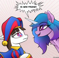 Size: 2700x2680 | Tagged: safe, artist:andaluce, derpibooru import, izzy moonbow, ponified, pony, unicorn, g5, duo, female, hat, hi new friend, image, jester, jester hat, mare, png, pomni, raised hoof, simple background, speech bubble, the amazing digital circus