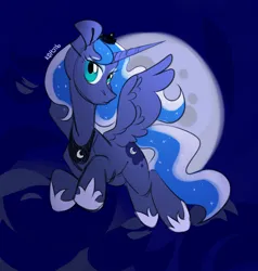 Size: 4000x4200 | Tagged: safe, artist:k0potb, derpibooru import, princess luna, alicorn, big eyes, cute, female, flying, horn, image, long hair, looking at you, moon, png, solo, speedpaint, wings