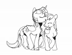 Size: 2112x1621 | Tagged: safe, artist:spectralunicorn, derpibooru import, derpy hooves, twilight sparkle, twilight sparkle (alicorn), alicorn, earth pony, pony, black and white, cute, derpabetes, eyes closed, female, grayscale, height difference, image, jpeg, lesbian, licking, looking at you, monochrome, ship:twerpy, shipping, simple background, smiling, smiling at you, tongue out, twiabetes, white background