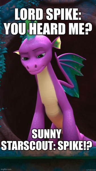 Size: 500x888 | Tagged: safe, derpibooru import, screencap, spike, dragon, g5, my little pony: make your mark, spoiler:g5, spoiler:my little pony: make your mark chapter 6, spoiler:mymc06e01, caption, image, image macro, implied sunny starscout, jpeg, meme, my little pony: make your mark chapter 6, older, older spike, spaceballs the tag, spike (g5), text