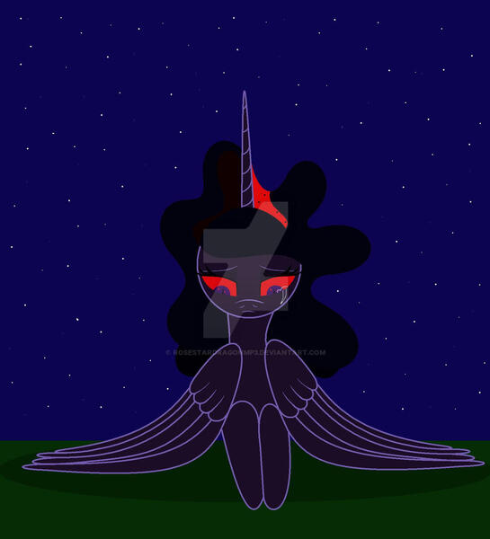 Size: 1024x1128 | Tagged: safe, artist:rosestardragonmp3, derpibooru import, twilight sparkle, oc, oc:blacklight sparkle, alicorn, closed mouth, corrupted twilight sparkle, crying, deviantart watermark, folded wings, frown, image, jpeg, lidded eyes, looking down, lying down, night, night sky, nightmare twilight, nightmarified, obtrusive watermark, prone, purple eyes, red sclera, sky, slit pupils, solo, starry night, stars, watermark, wings