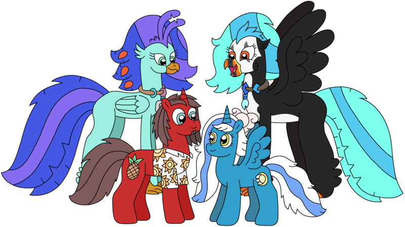 Size: 3100x1739 | Tagged: safe, artist:supahdonarudo, derpibooru import, oc, oc:fleurbelle, oc:icebeak, oc:ironyoshi, oc:sea lilly, unofficial characters only, alicorn, classical hippogriff, hippogriff, unicorn, derpibooru community collaboration, 2024 community collab, bow, camera, clothes, derpibooru exclusive, image, jewelry, looking at each other, looking at someone, necklace, png, shirt, simple background, transparent background