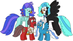 Size: 3100x1739 | Tagged: safe, artist:supahdonarudo, derpibooru import, oc, oc:fleurbelle, oc:icebeak, oc:ironyoshi, oc:sea lilly, unofficial characters only, alicorn, classical hippogriff, hippogriff, unicorn, derpibooru community collaboration, 2024 community collab, bow, camera, clothes, derpibooru exclusive, image, jewelry, looking at each other, looking at someone, necklace, png, shirt, simple background, transparent background