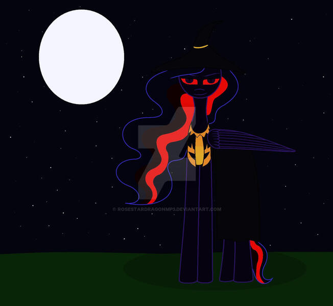 Size: 1024x943 | Tagged: safe, artist:rosestardragonmp3, derpibooru import, twilight sparkle, oc, oc:blacklight sparkle, alicorn, pony, closed mouth, deviantart watermark, female, folded wings, full moon, halloween, hat, holiday, image, jpeg, looking at you, mare, moon, night, night sky, obtrusive watermark, red sclera, sky, smiling, solo, standing, starry night, stars, watermark, wings, witch hat