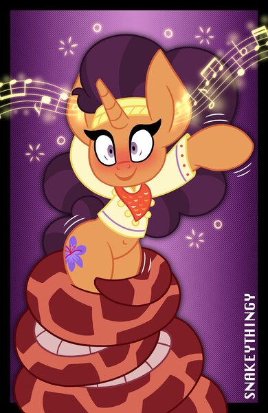 Size: 2600x4000 | Tagged: questionable, artist:snakeythingy, derpibooru import, saffron masala, snake, coiling, coils, dancing, hypnosis, hypnotic, hypnotized, image, jpeg, music, music notes, story included