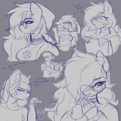 Size: 2000x2000 | Tagged: safe, derpibooru import, oc, oc:eclipse, oc:siren andromeda, unofficial characters only, alien, alien pony, anthro, pegasus, anthro oc, aviator sunglasses, beanie, choker, clothes, computer, derpibooru exclusive, dialogue, doodle, drugs, facial expressions, female, glasses, goth, hat, hoodie, image, joint, laptop computer, male, marijuana, pentagram, png, short shirt, signature, sketch, sketch page, sunglasses, vulgar, writing